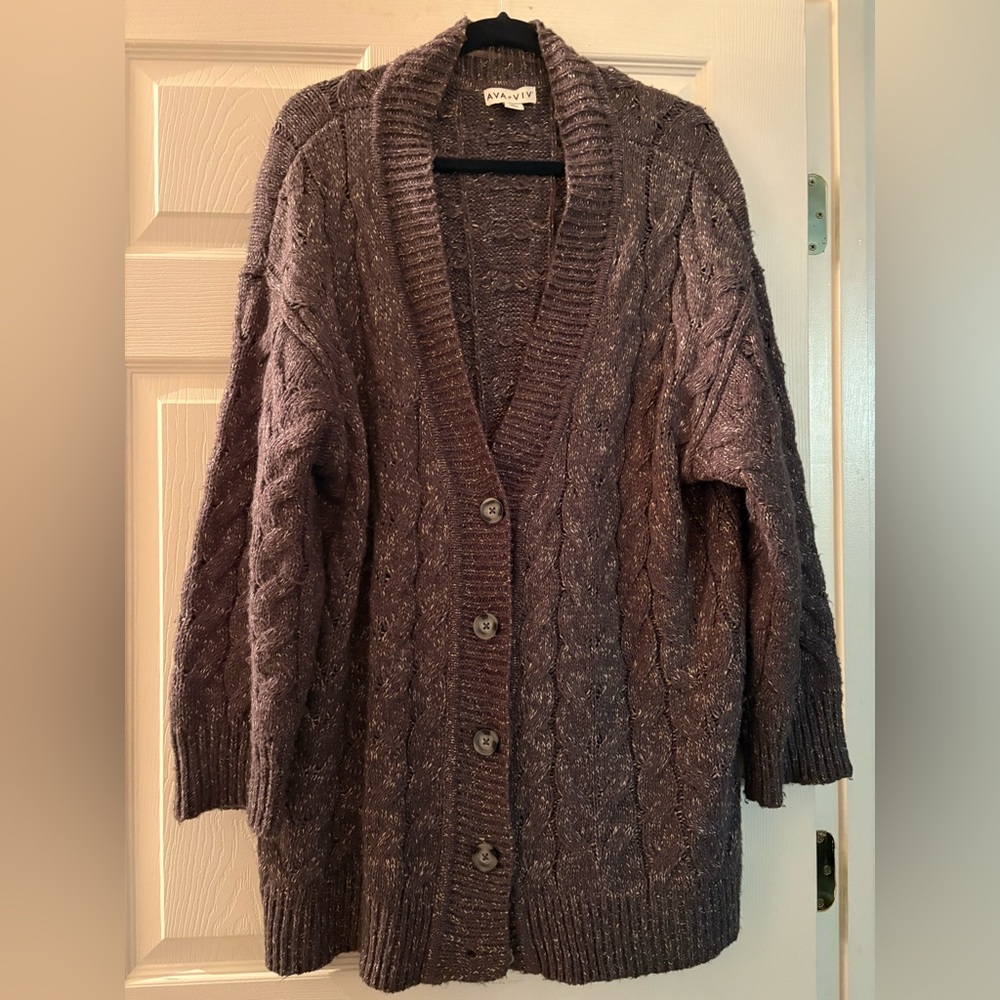 Ava & Viv Sz 1X Gray/Brown cable knit Cardigan Sweater with Long Sleeves